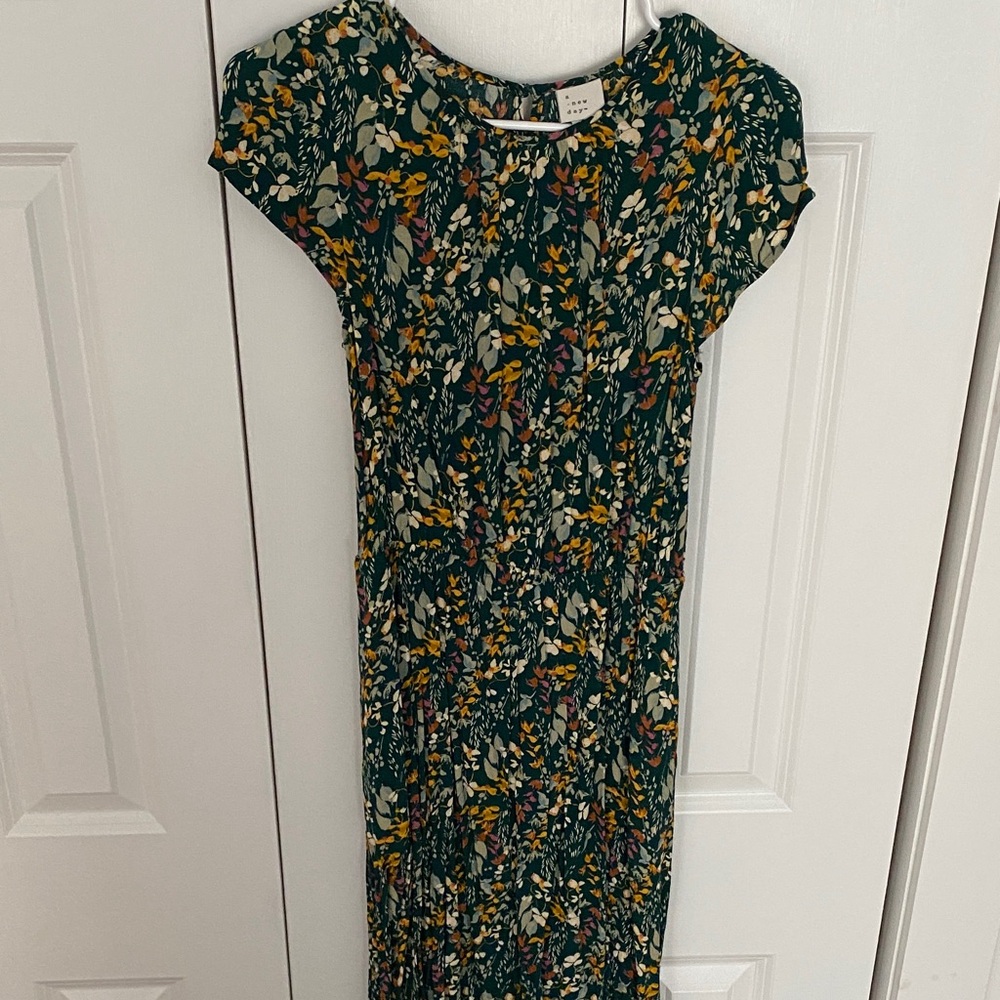 Green Floral Midi Dress with Puff Sleeves
